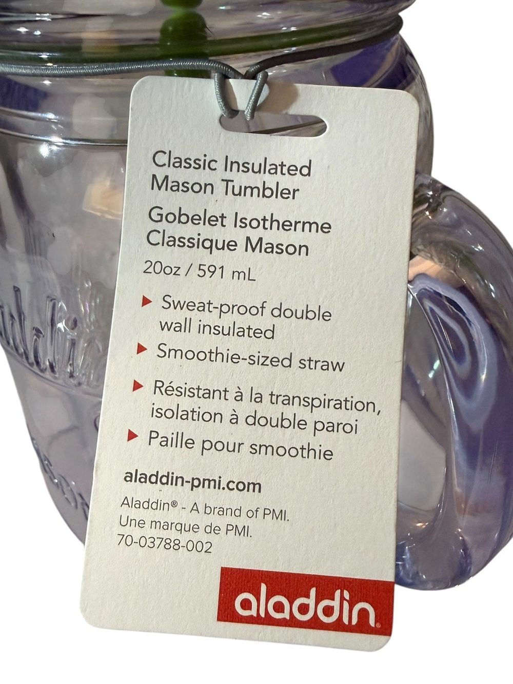 ONE Aladdin Classic Double-walled Mason Tumbler w/Lime Green Lid & Straw, 20 oz. - Picture 6 of 6